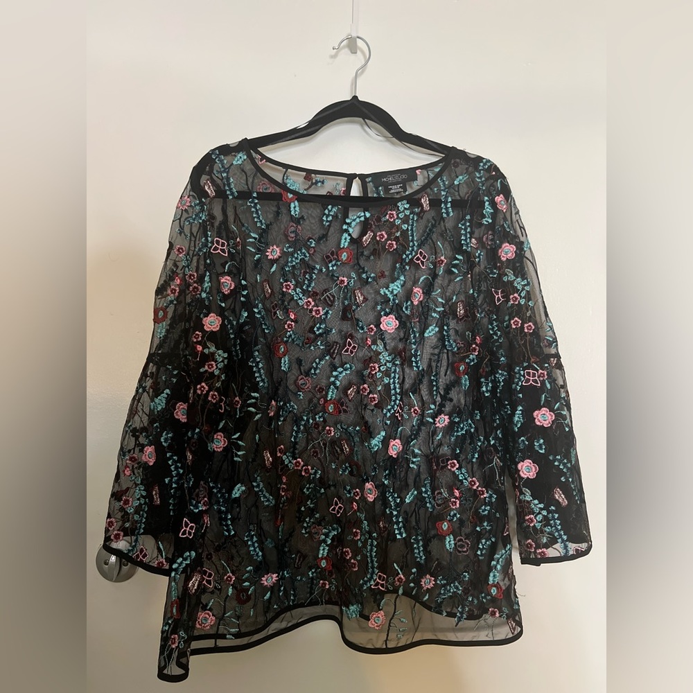Michel Studio Black Mesh Sheer Top Colorful Flowe… - image 1